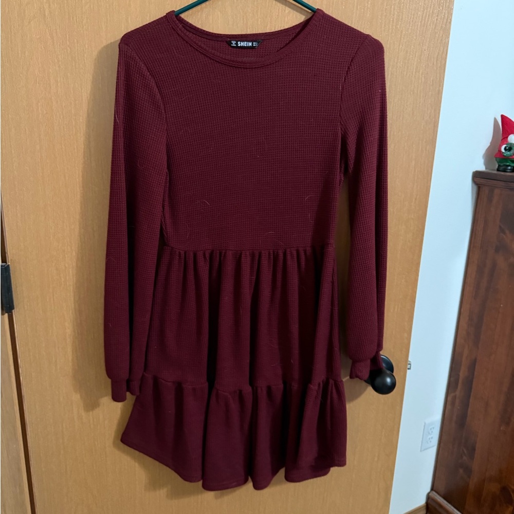 SHEIN Girls' Long Sleeve Wine Red Tiered Waffle Dress